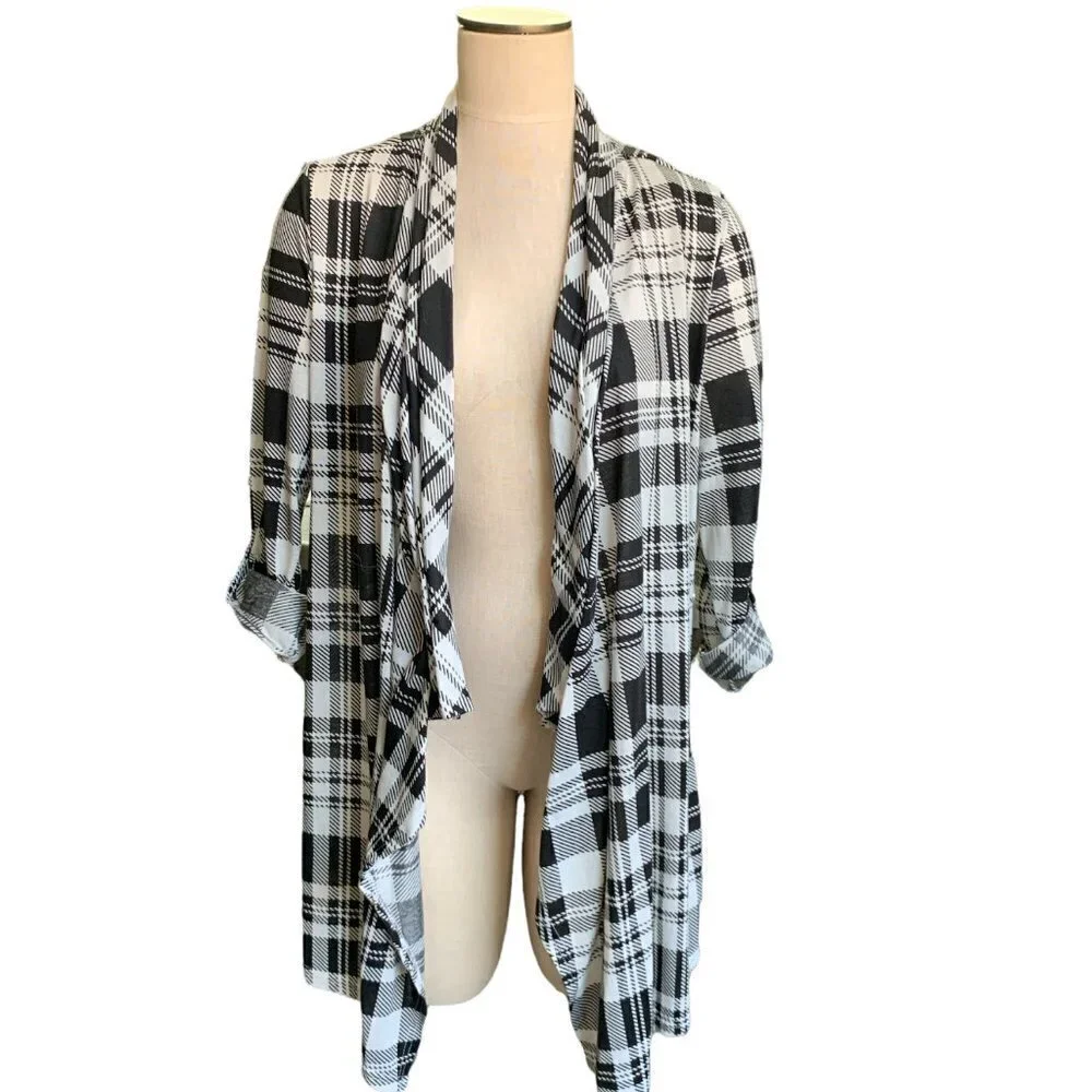 New York Laundry Plaid Duster Cardigan L Black & White L #18J‎